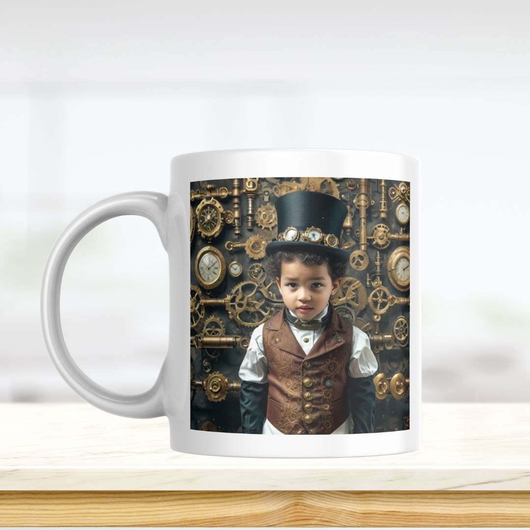 Example of how to upload a toddler boy's photo to create a personalized steampunk portrait on a mug, featuring him dressed in steampunk gear, ready for a mechanical adventure