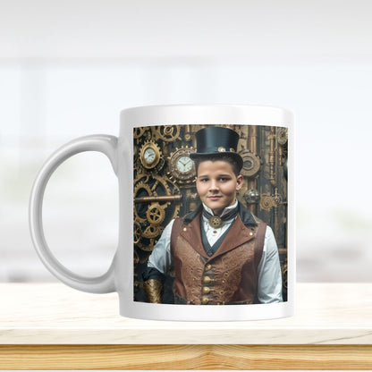 Example of how to upload a boy's photo to create a personalized steampunk portrait on a mug, featuring him dressed in steampunk gear, ready for a mechanical adventure