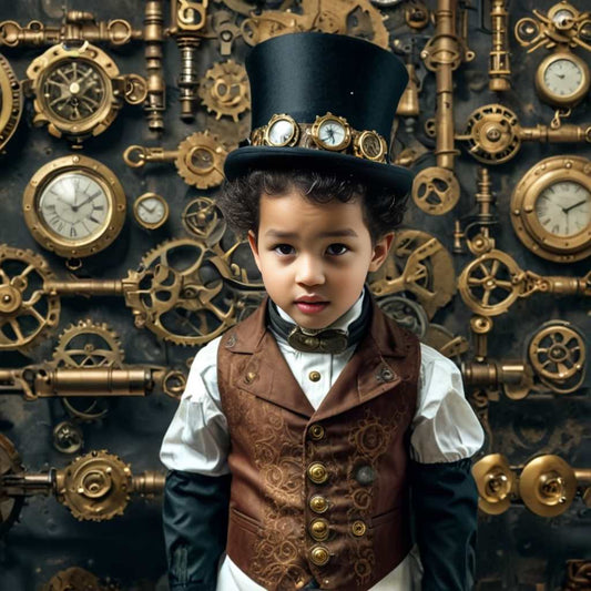 Personalized portrait of a boy dressed in steampunk gear, ready for an adventure with gears and goggles