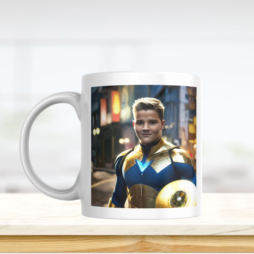 Example of how to upload a boy's photo to create a personalized superhero portrait on a mug, featuring him dressed as a superhero, ready to take on any challenge with his cape and mas