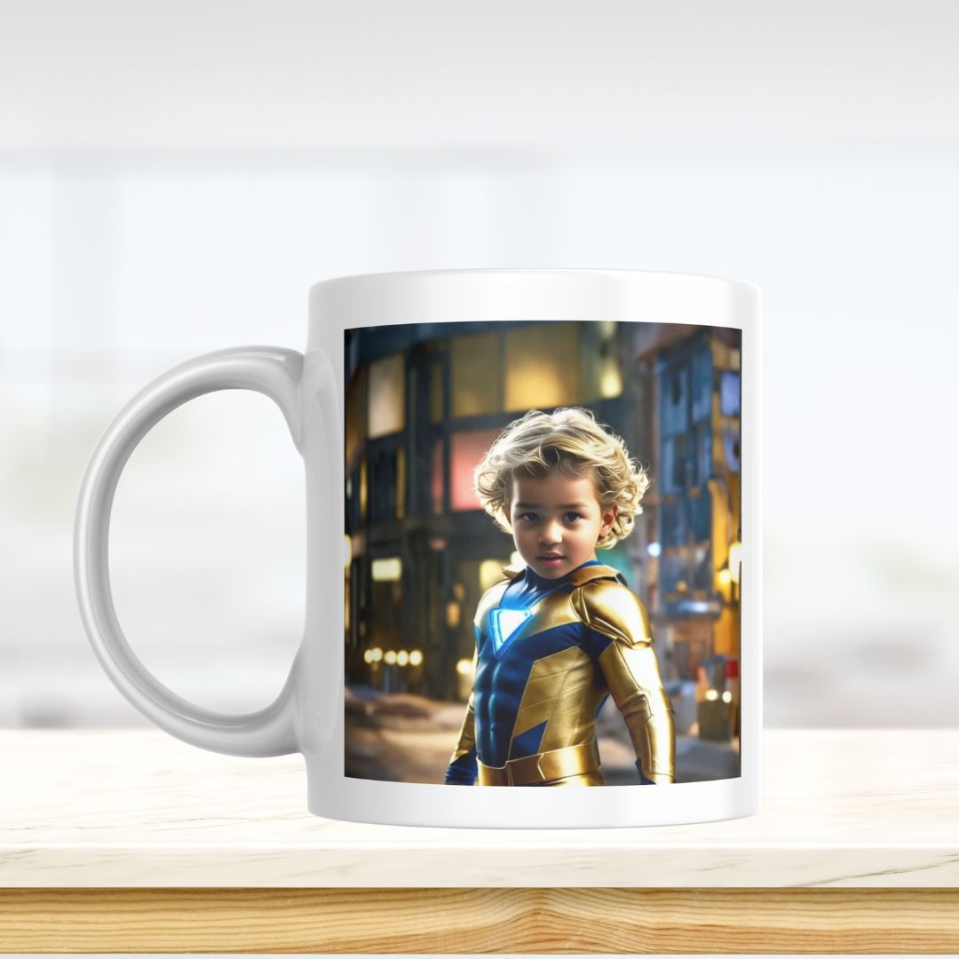 Example of how to upload a toddler boy's photo to create a personalized superhero portrait on a mug, featuring him dressed as a superhero, ready to take on any challenge with his cape and mas