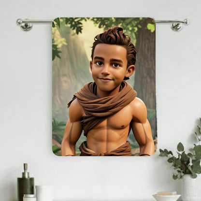 Example of how to upload a boy's photo to create a personalized Tarzan portrait on a towel, featuring him dressed as Tarzan, swinging from vines in a jungle