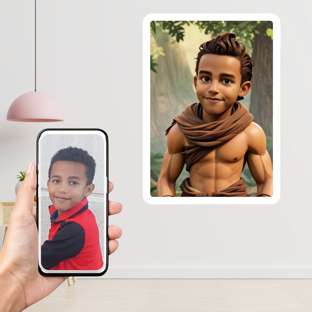 Example of how to upload a boy's photo to create a personalized Tarzan portrait on a canvas, featuring him dressed as Tarzan, swinging from vines in a jungle