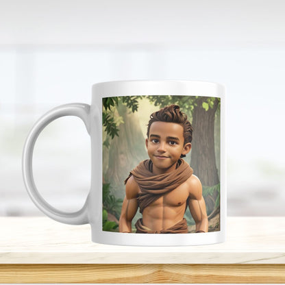 Example of how to upload  a boy's photo to create a personalized Tarzan portrait on a mug, featuring him dressed as Tarzan, swinging from vines in a jungle.