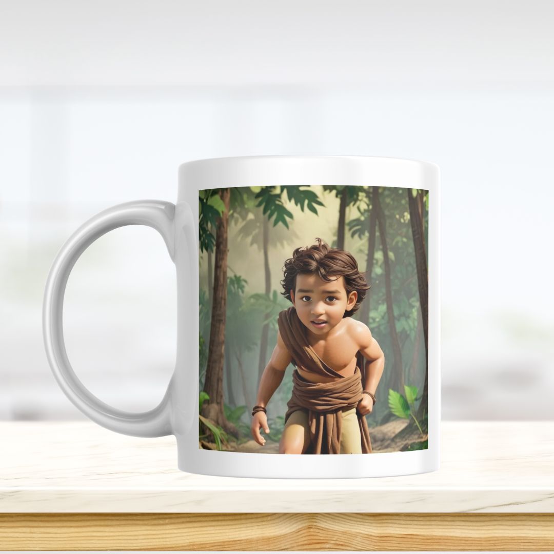 Example of how to upload a toddler boy's photo to create a personalized Tarzan portrait on a mug, featuring him dressed as Tarzan, swinging from vines in a jungle.