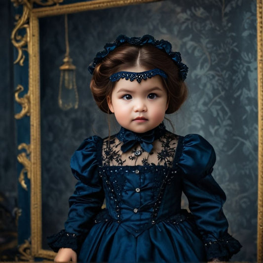 Personalized portrait of a toddler girl dressed as a Victorian princess in an elegant royal gown.