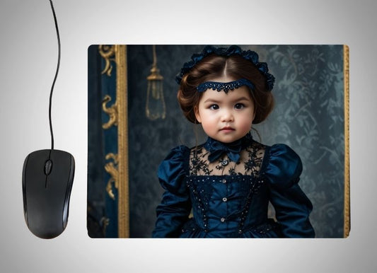 Example of how to upload a toddler girl's photo to create a personalized Victorian Princess portrait on a mouse mat featuring her in a classic Victorian-era gown, surrounded by elegant lace, floral accents, and a charming vintage palace backdrop