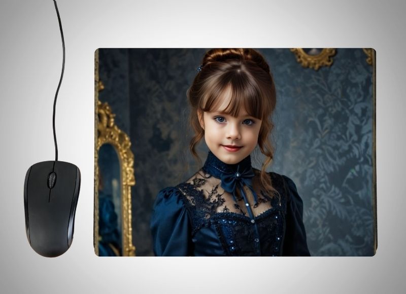 Example of how to upload a girl's photo to create a personalized Victorian Princess portrait on a mouse mat featuring her in a classic Victorian-era gown, surrounded by elegant lace, floral accents, and a charming vintage palace backdrop