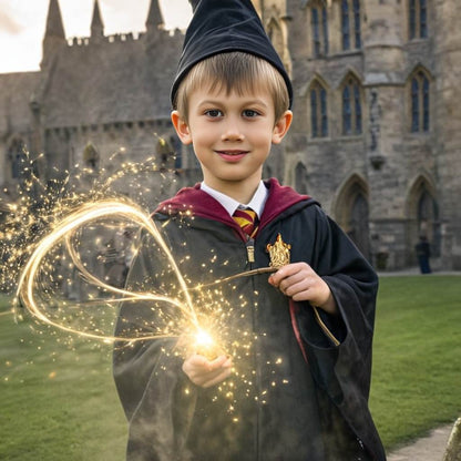 Personalized portrait of a boy dressed as a wizard, holding his magic wand and casting spells