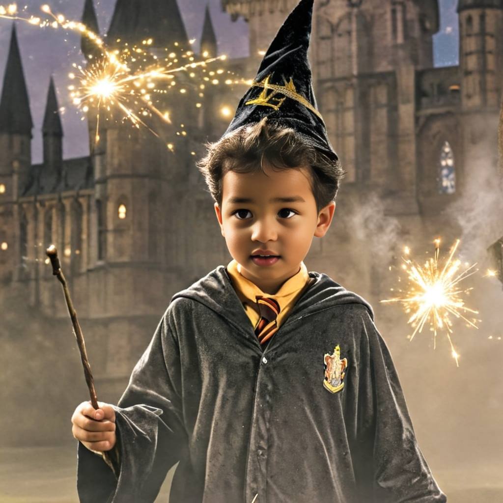 Personalized portrait of a toddler boy dressed as a wizard, holding his magic wand and casting spells