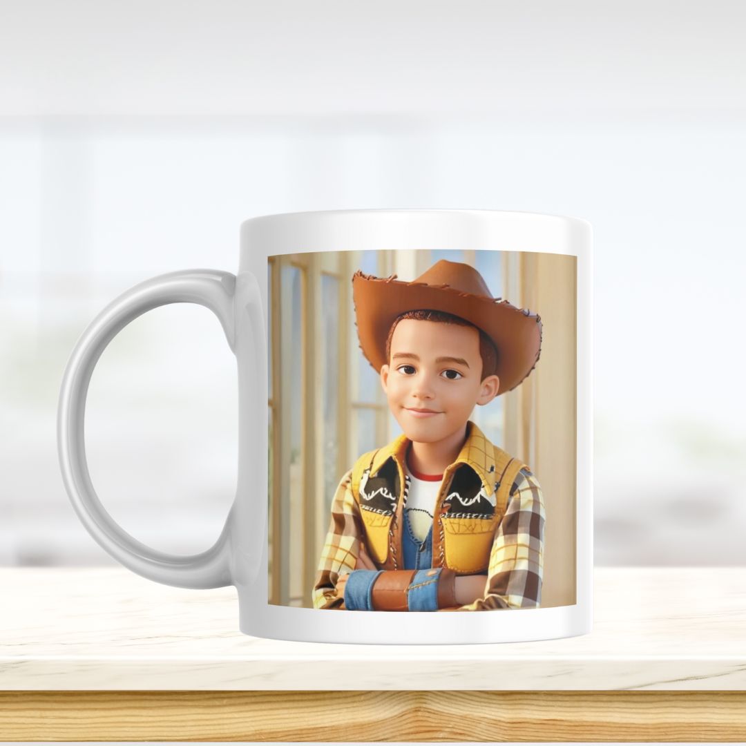 Example of how to upload a boy's photo to create a personalized Woody portrait on a mug, featuring him dressed as Woody, ready for an adventure in the Wild West.