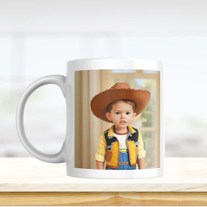 Example of how to upload a toddler boy's photo to create a personalized Woody portrait on a mug, featuring him dressed as Woody, ready for an adventure in the Wild West.