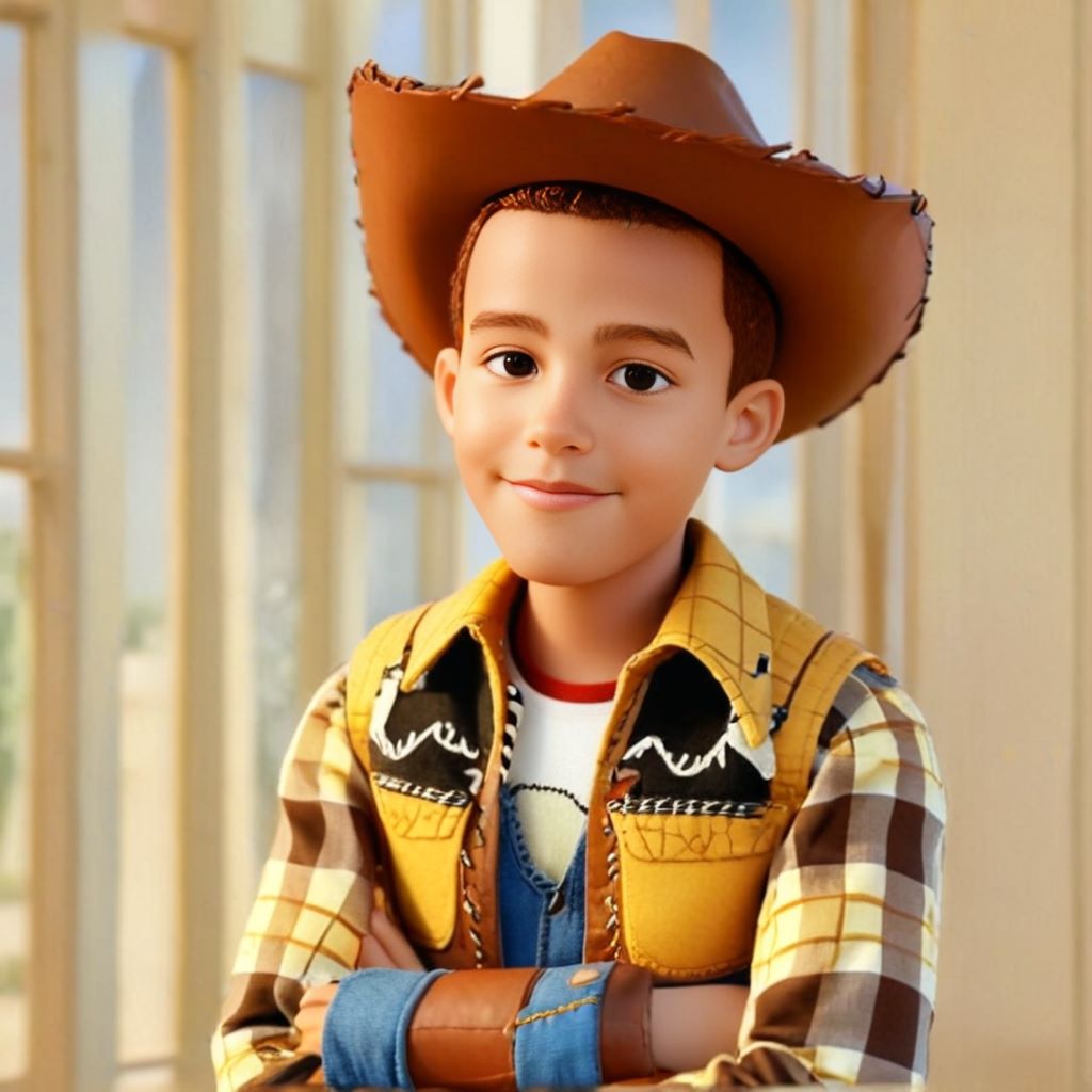 Personalized portrait of a boy dressed as Woody from Toy Story, standing confidently with his cowboy hat and boots