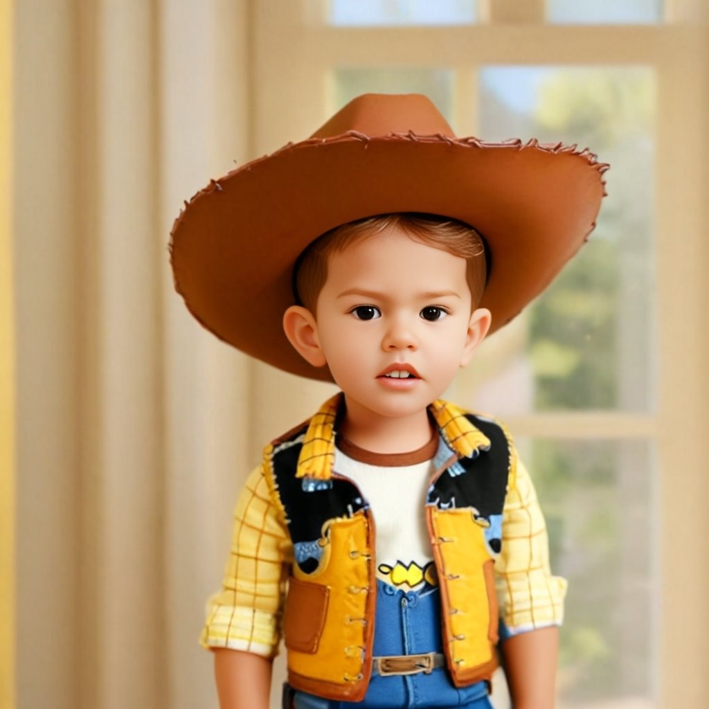 Personalized portrait of a toddler boy dressed as Woody from Toy Story, standing confidently with his cowboy hat and boots